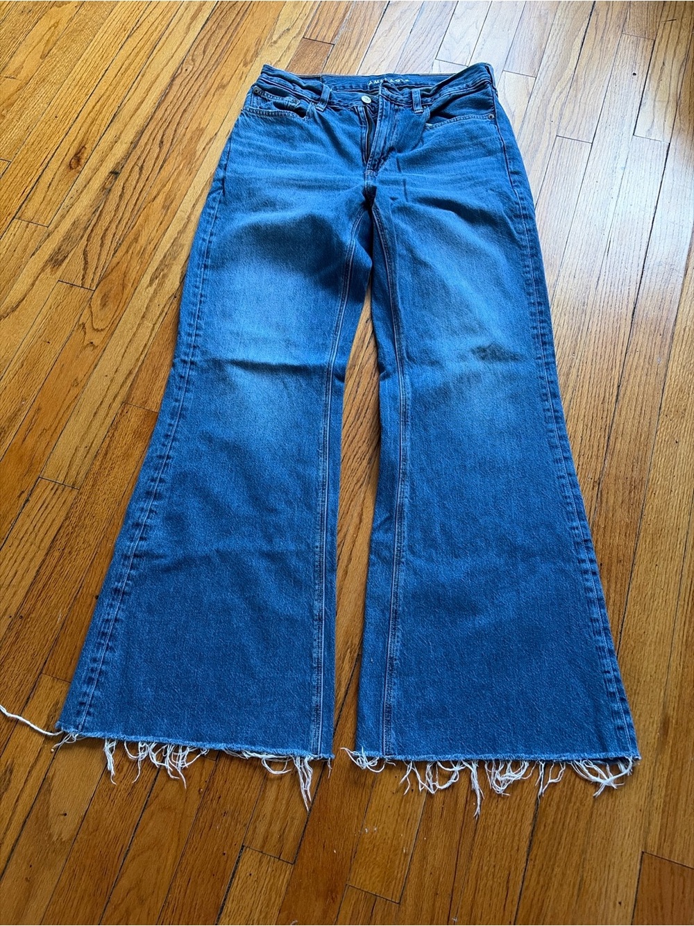 American Eagle Outfitters Raw Hem High-Rise Flare Jeans - Blue